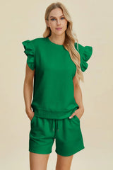 Trendsi Double Take Full Size Texture Round Neck Ruffle Sleeve Top and Shorts Set -