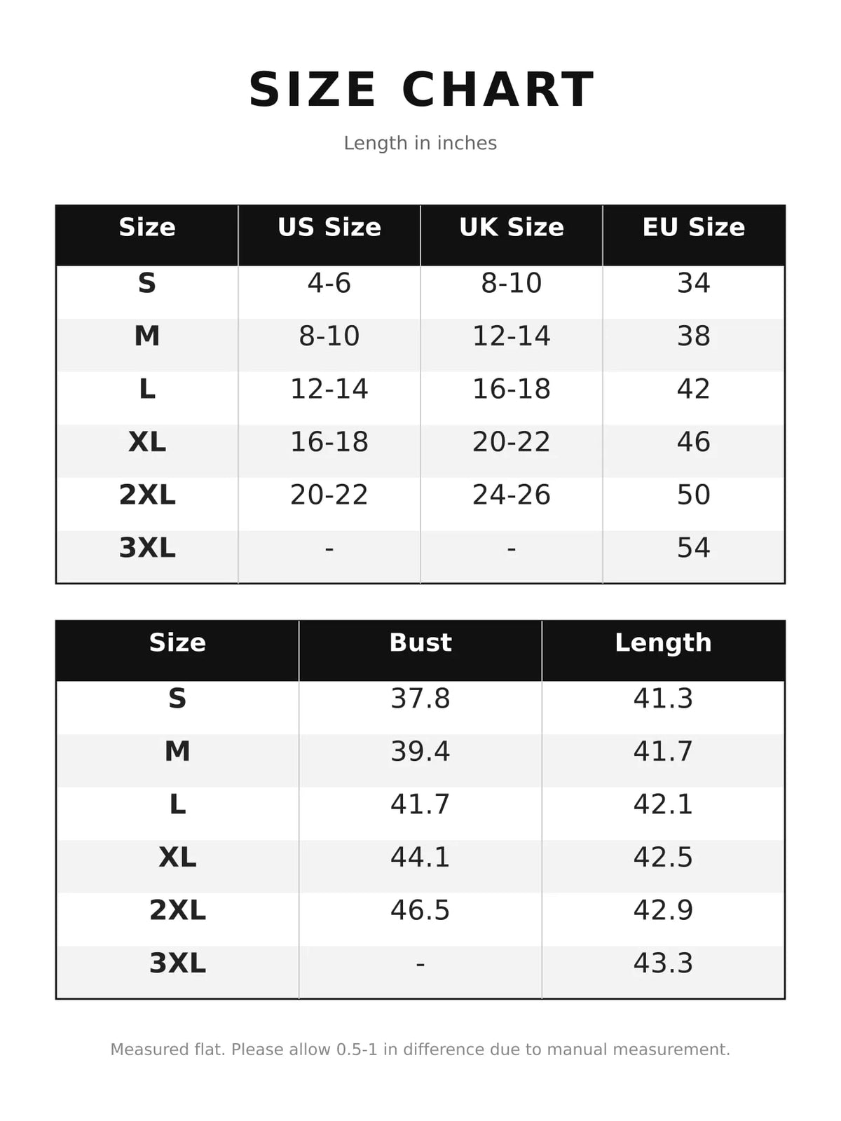 Size chart for women's long sleeve bodycon dress