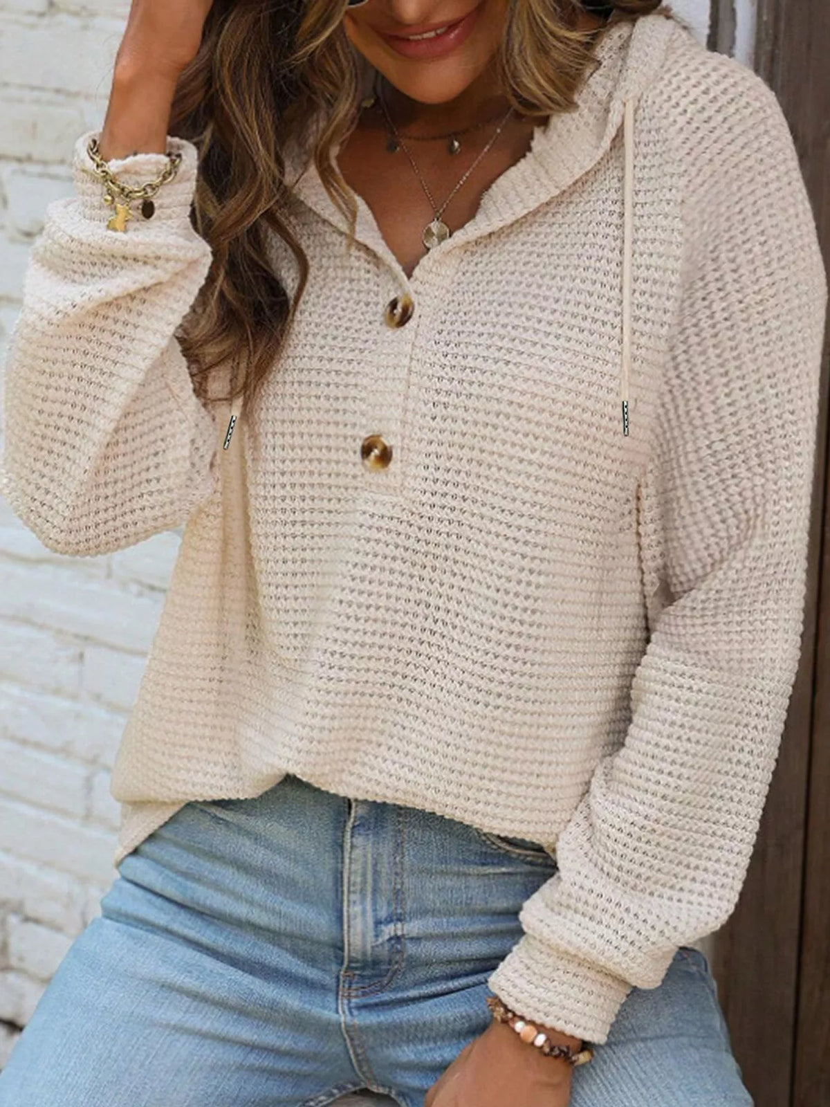 Beige waffle knit button-detail hoodie