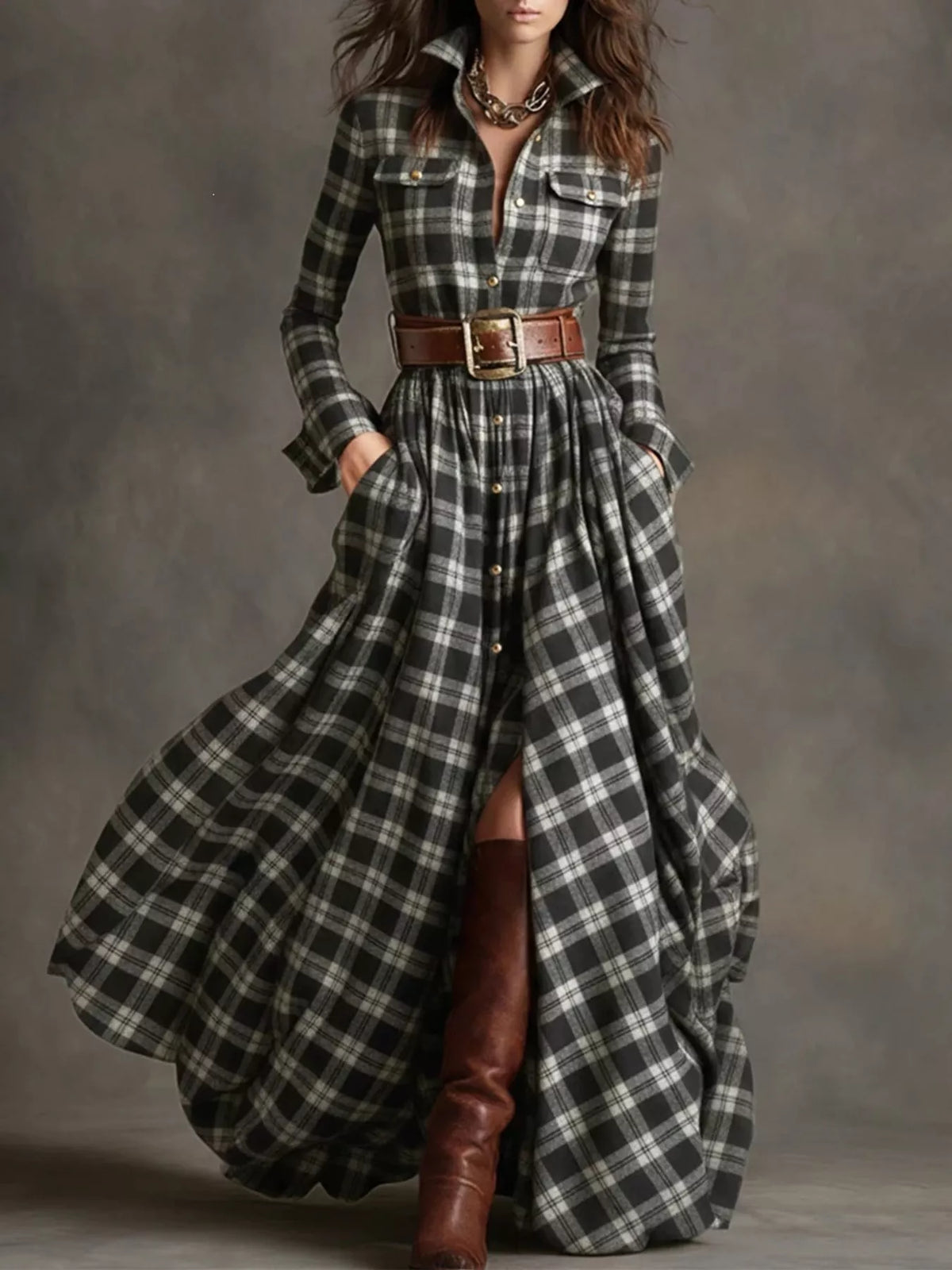 Vintage Plaid Button-Down Maxi Shirt Dress in black with small checks