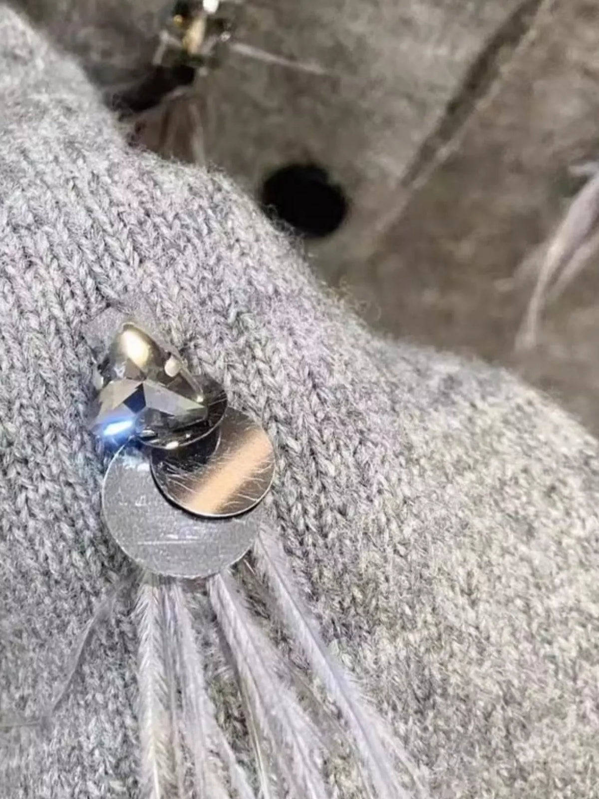 Sequin Feather-Embellished Knit Cardigan, detail view in gray