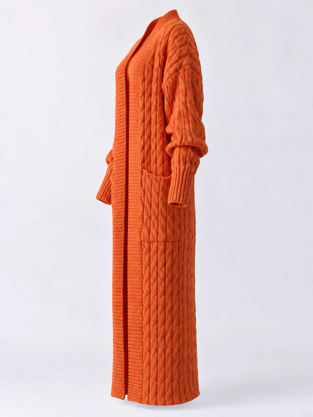 Orange cable-knit longline open-front cardigan, back view