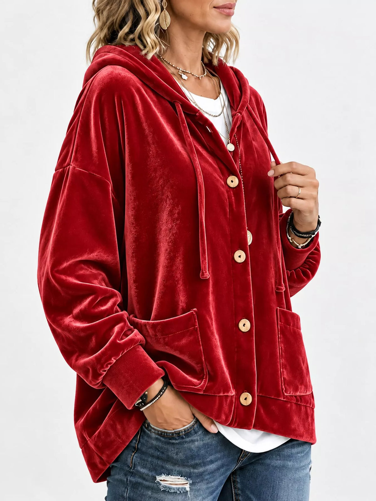 Red velvet dropped shoulder hoodie, front view