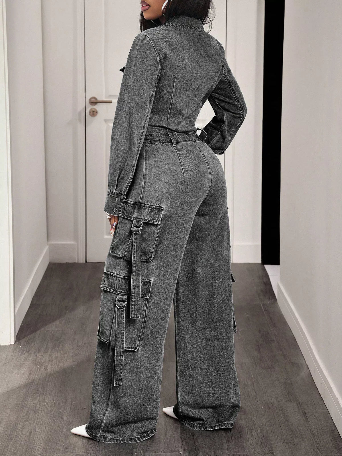 Women's Zip Front Wide Leg Denim Jumpsuit in Gray, side view