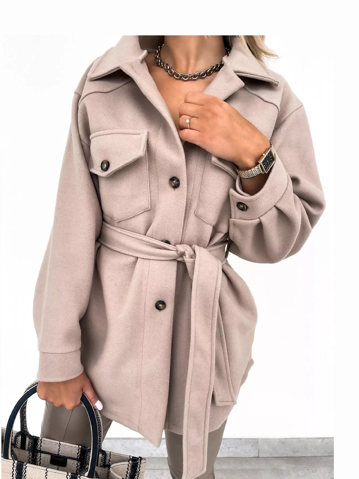 Belted Button-Down Shirt Jacket — front view