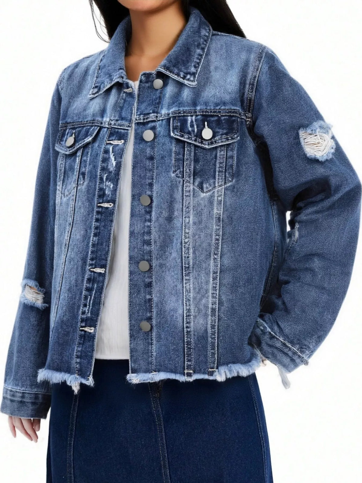 Women's Distressed Raw Hem Denim Jacket in medium blue — front view
