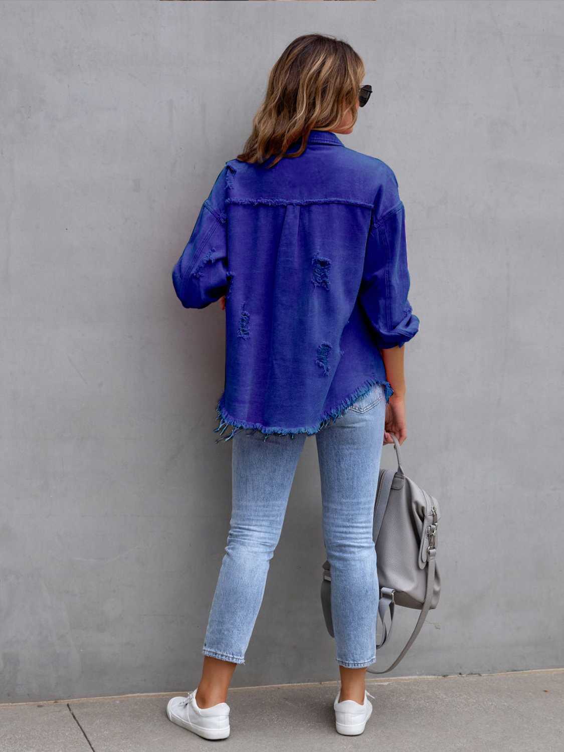 Trendsi Distressed Drop Shoulder Denim Jacket -