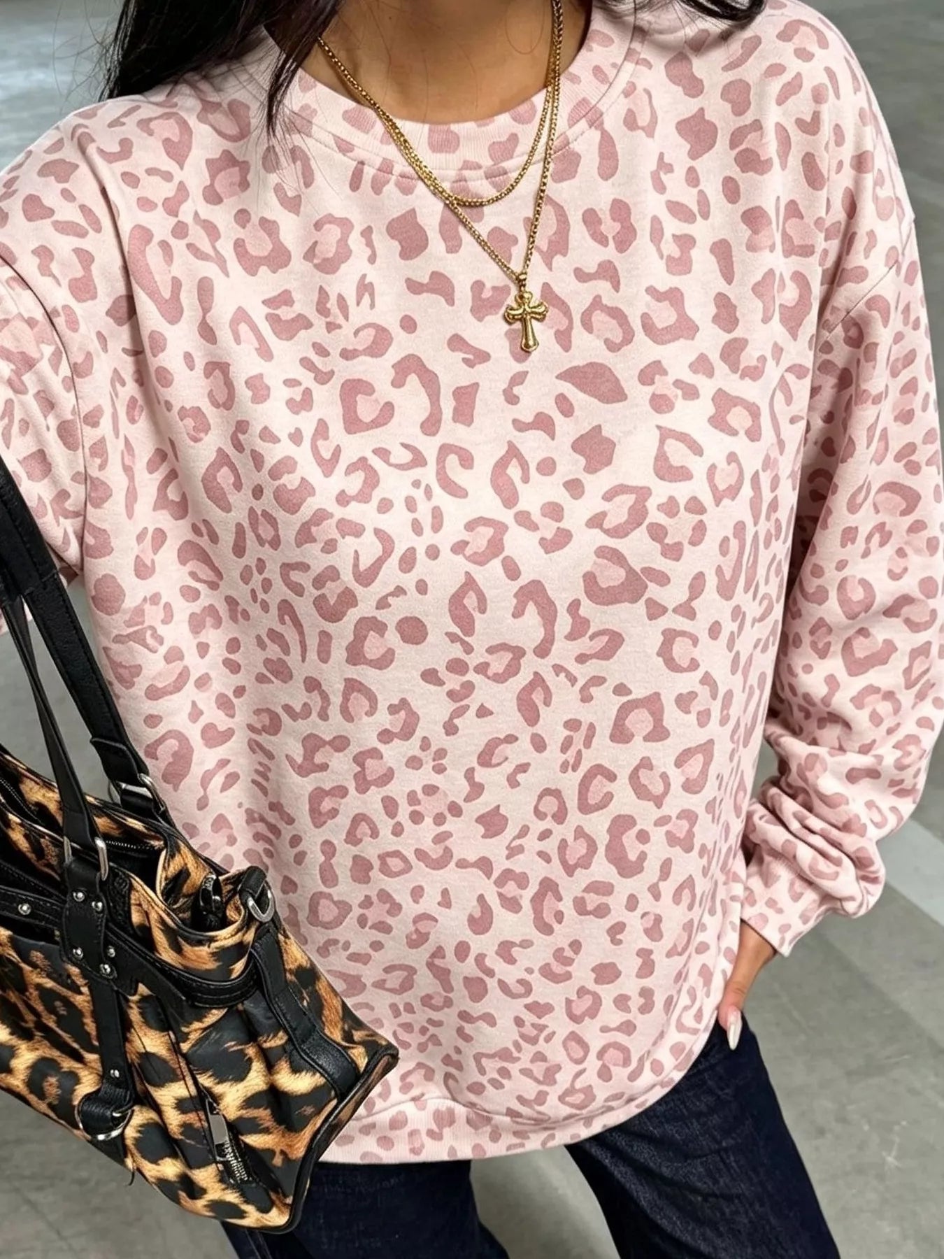 Trendsi Leopard Print Crew Neck Sweatshirt -