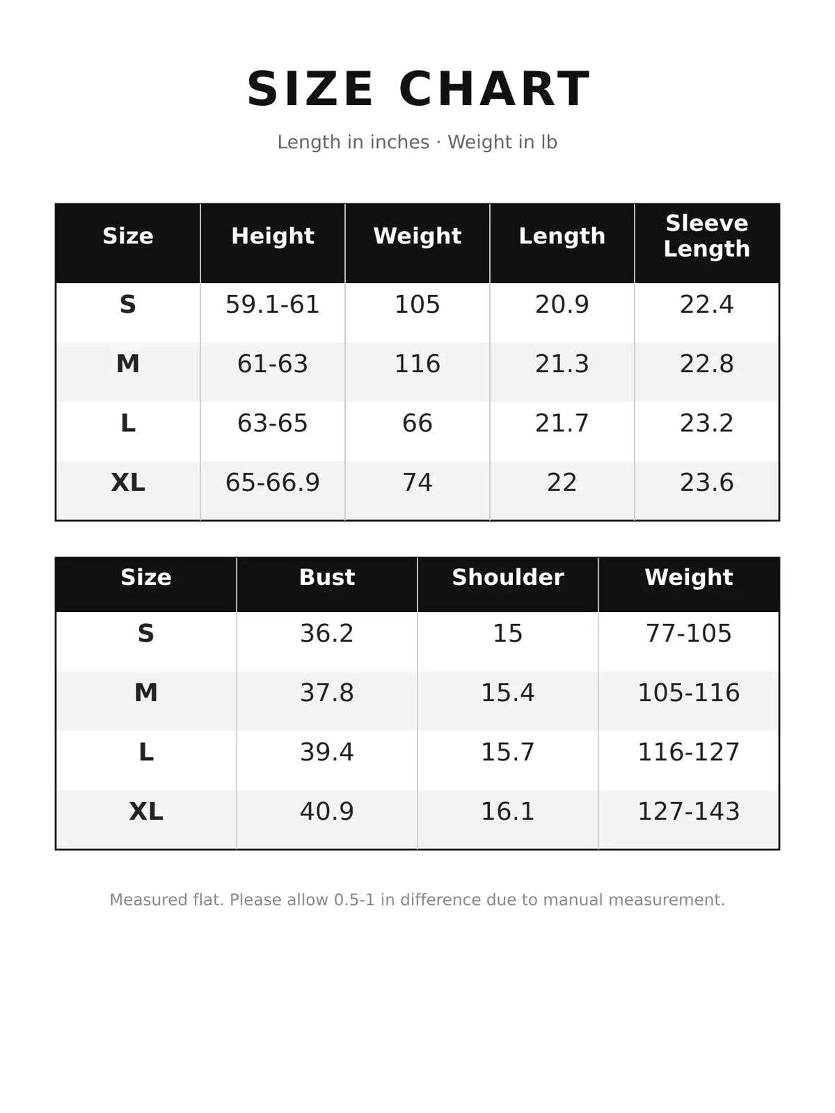Size chart for textured jacket with gold-tone button accents