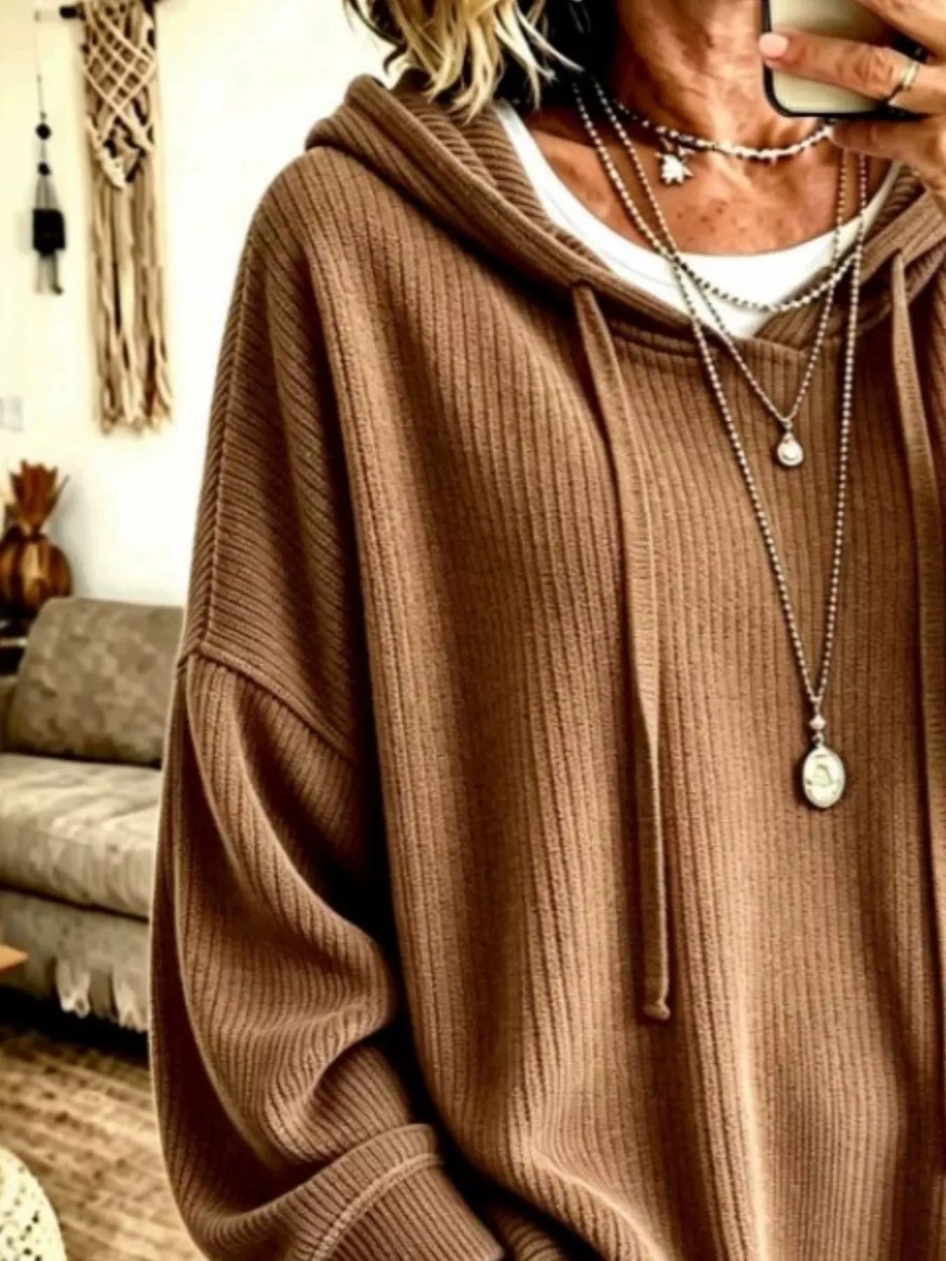 Trendsi Drawstring Ribbed Knit Hoodie -