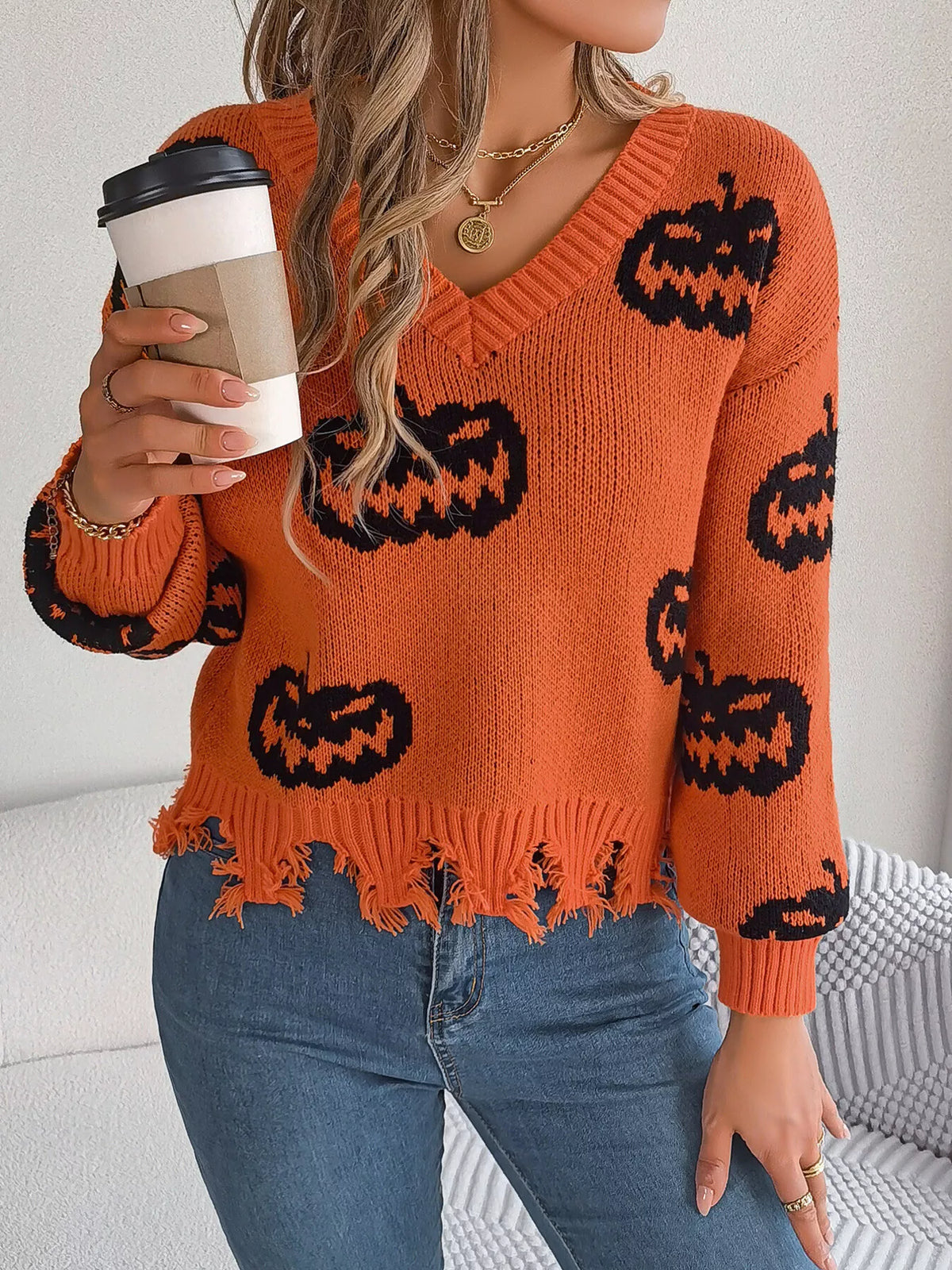 Pumpkin Distressed Hem Sweater in orange, front view
