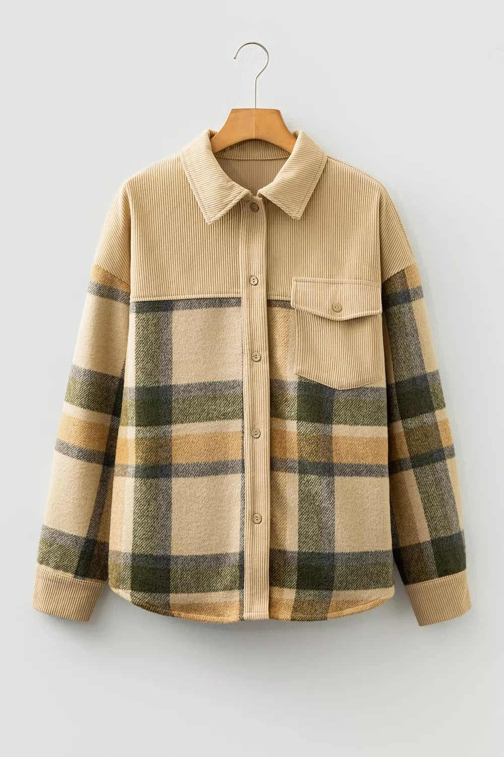 Trendsi Retro Plaid Corduroy Patchwork Shacket -