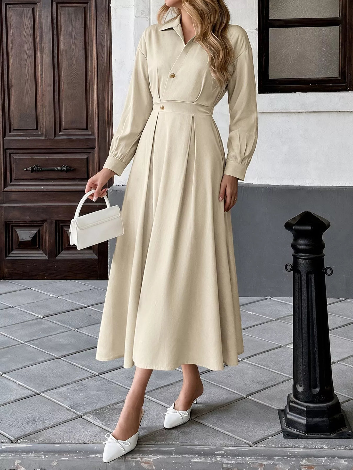 Trendsi Pleated Button Detail Long Sleeve Shirt Dress -