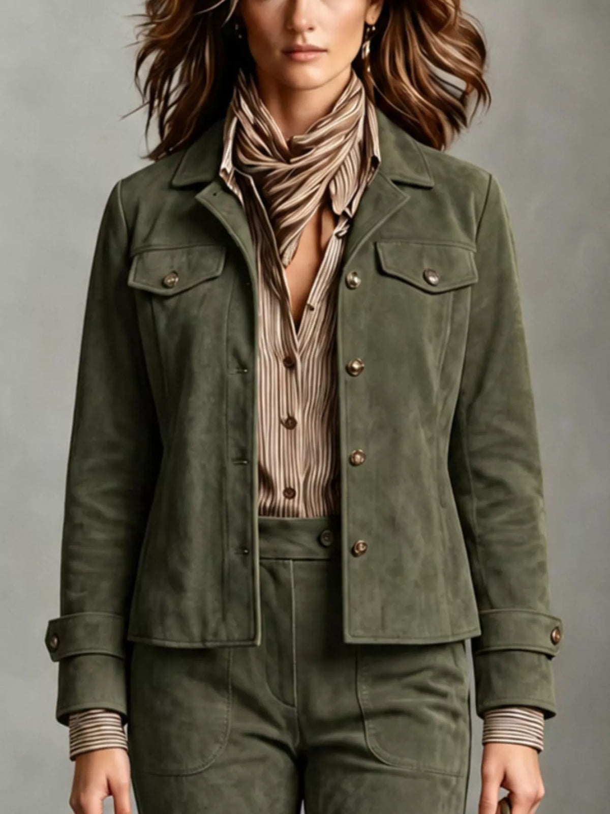 Olive faux-suede button-front utility blazer, button-front view.
