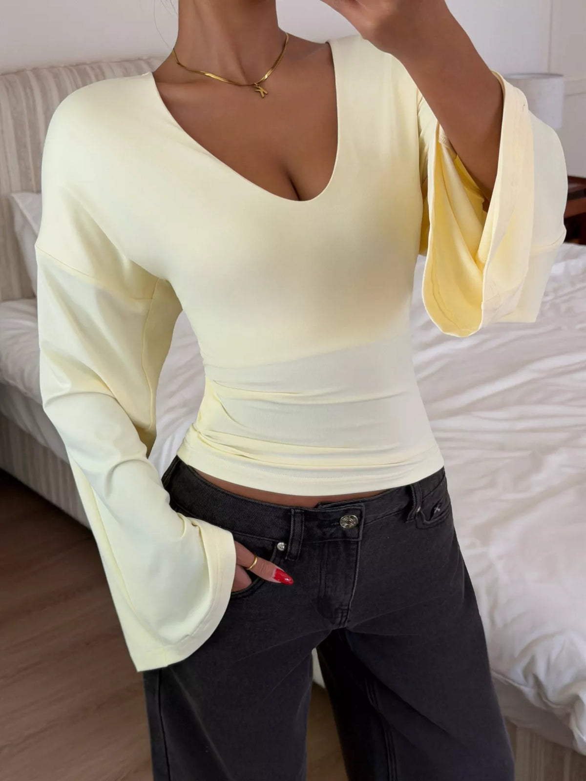 V-Neck Flare Sleeve T-Shirt in yellow, front view