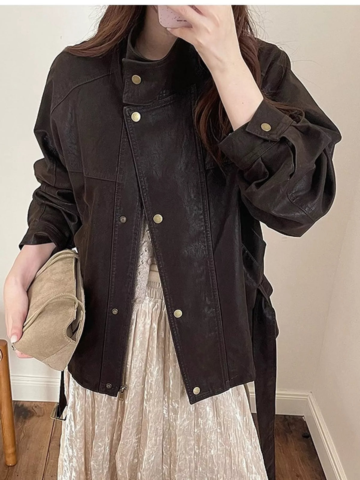 Brown snap down long sleeve jacket