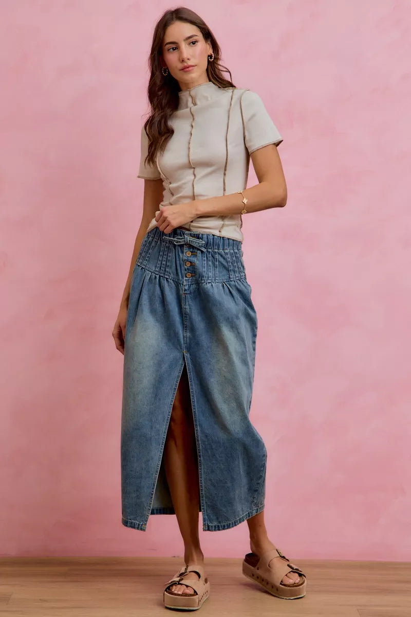 Women's High-Waisted Pleated Denim Maxi Skirt With Front Slit — product view 4