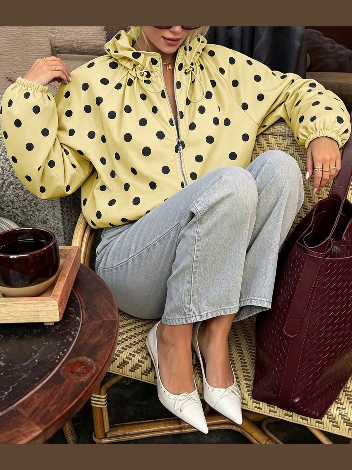 Polka Dot Drawstring Zip-Up Jacket — front view