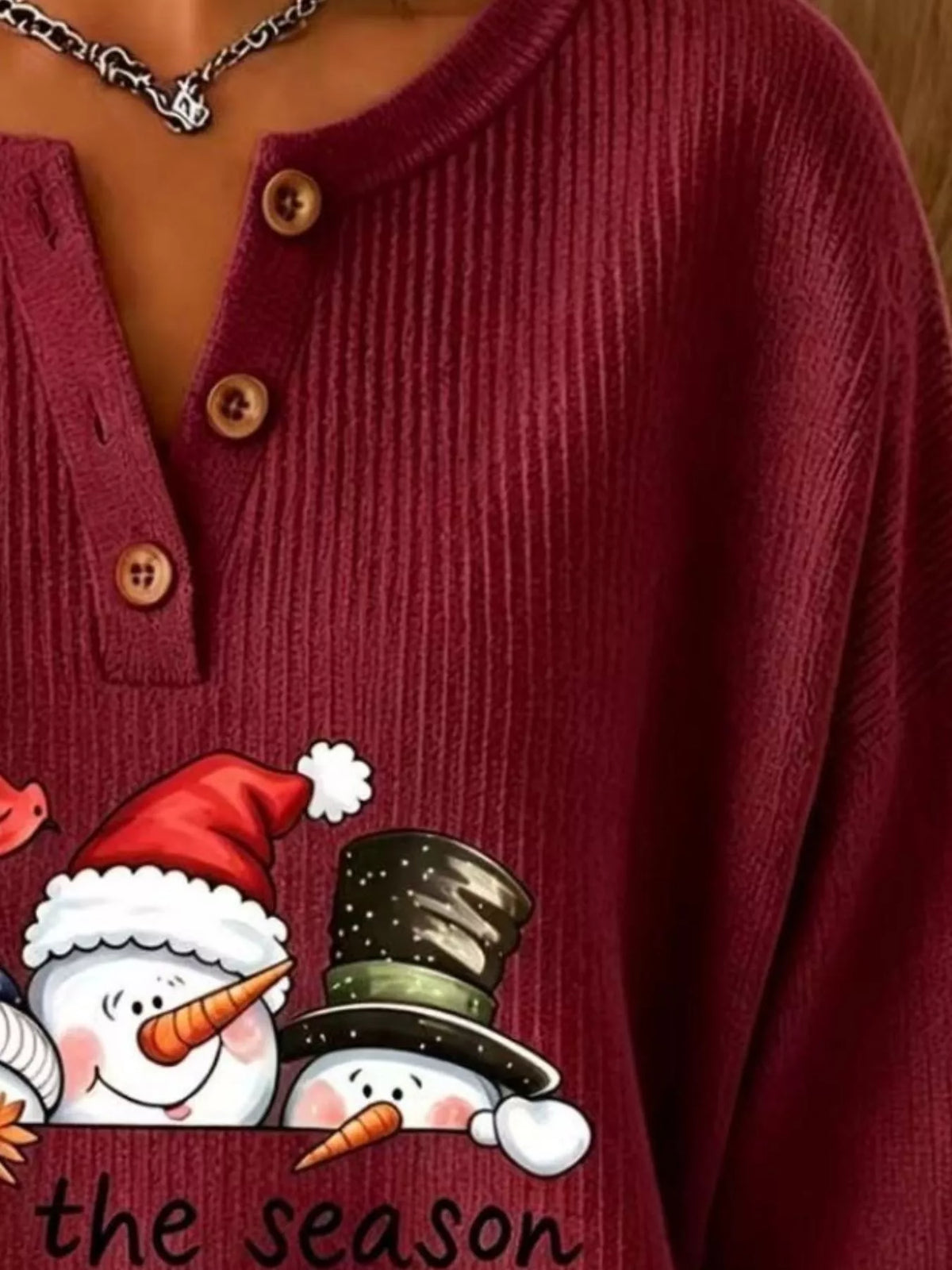 Snowman graphic ribbed Henley sweatshirt in burgundy, neckline detail