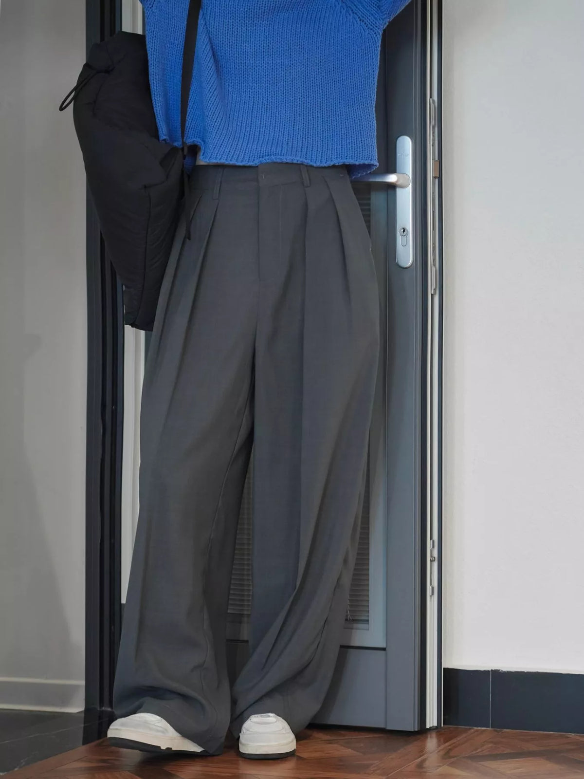 Women's High-Waisted Pleated Wide-Leg Pants in gray — front view