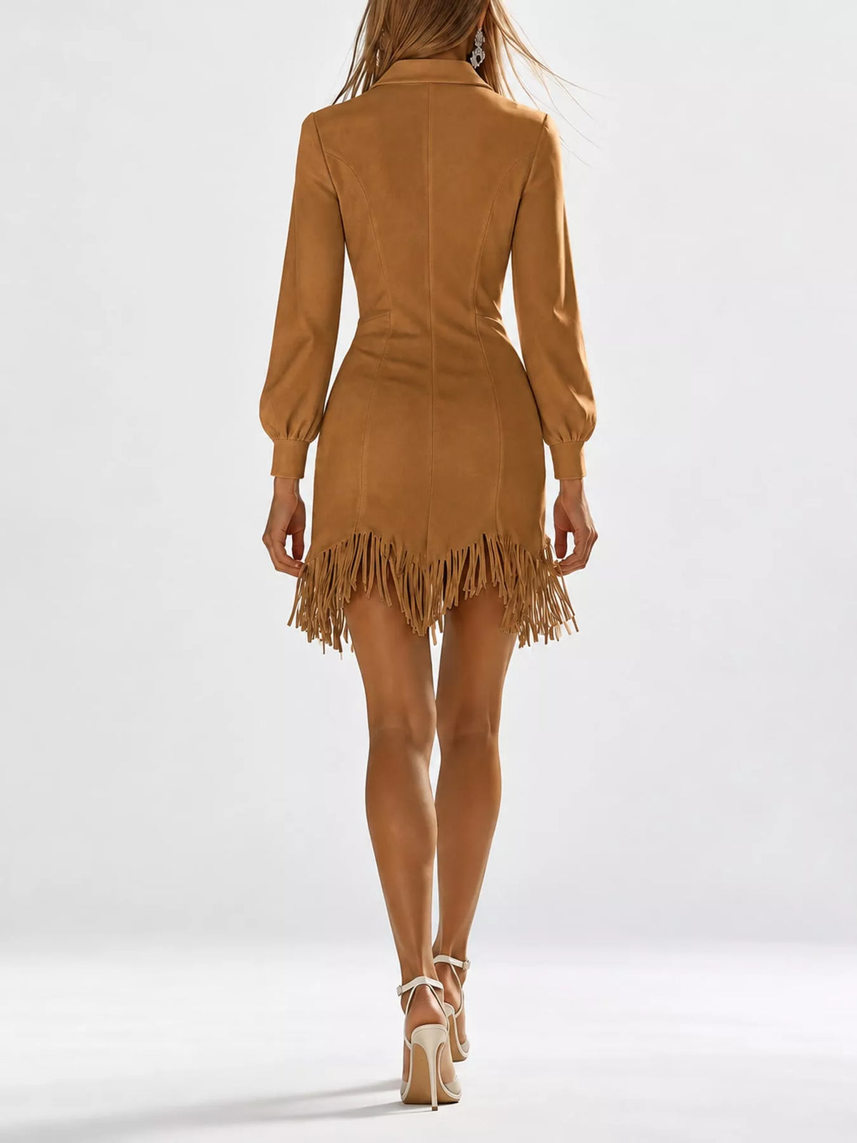 Camel zip front long sleeve fringe mini dress, back view