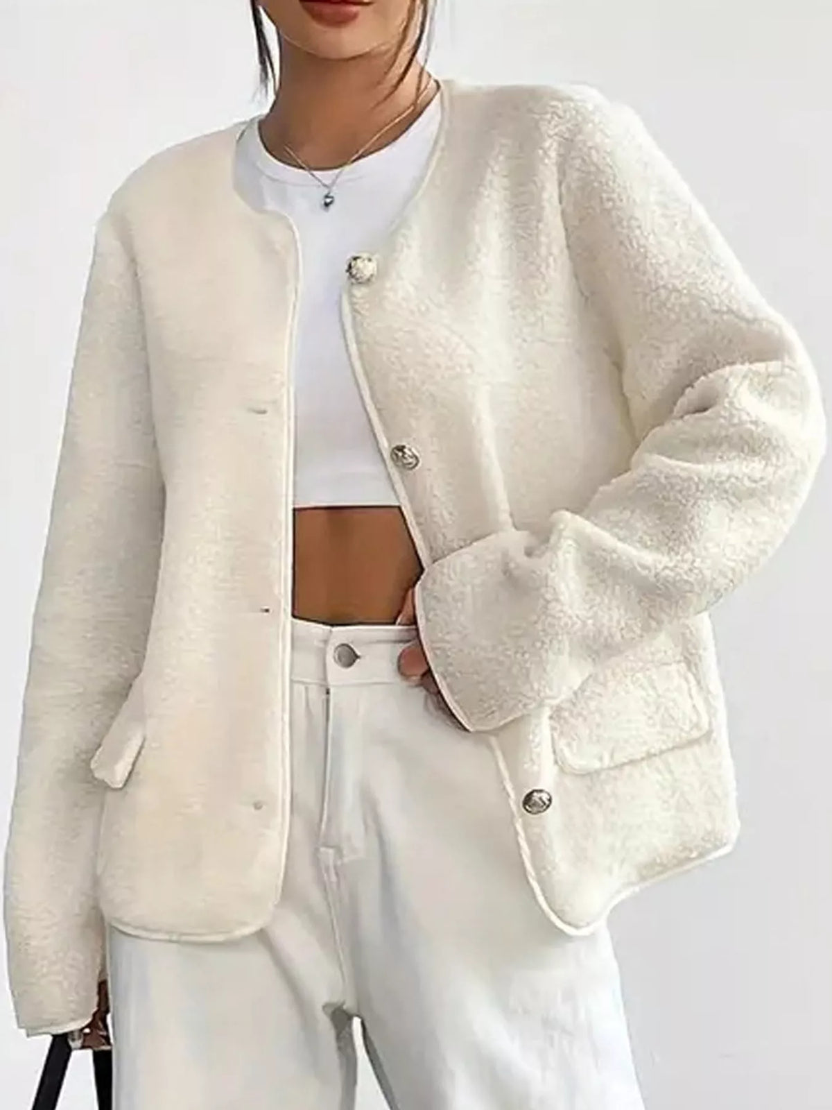 White textured button-front jacket — front view
