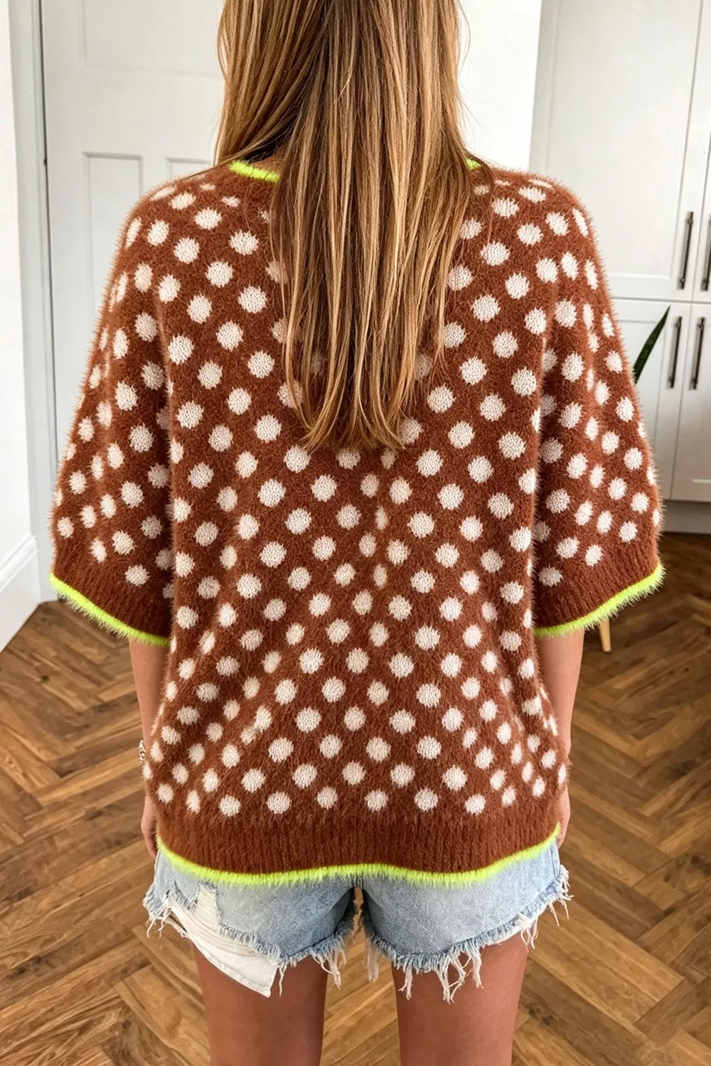 Caramel Polka-Dot Three-Quarter Sleeve Sweater back view