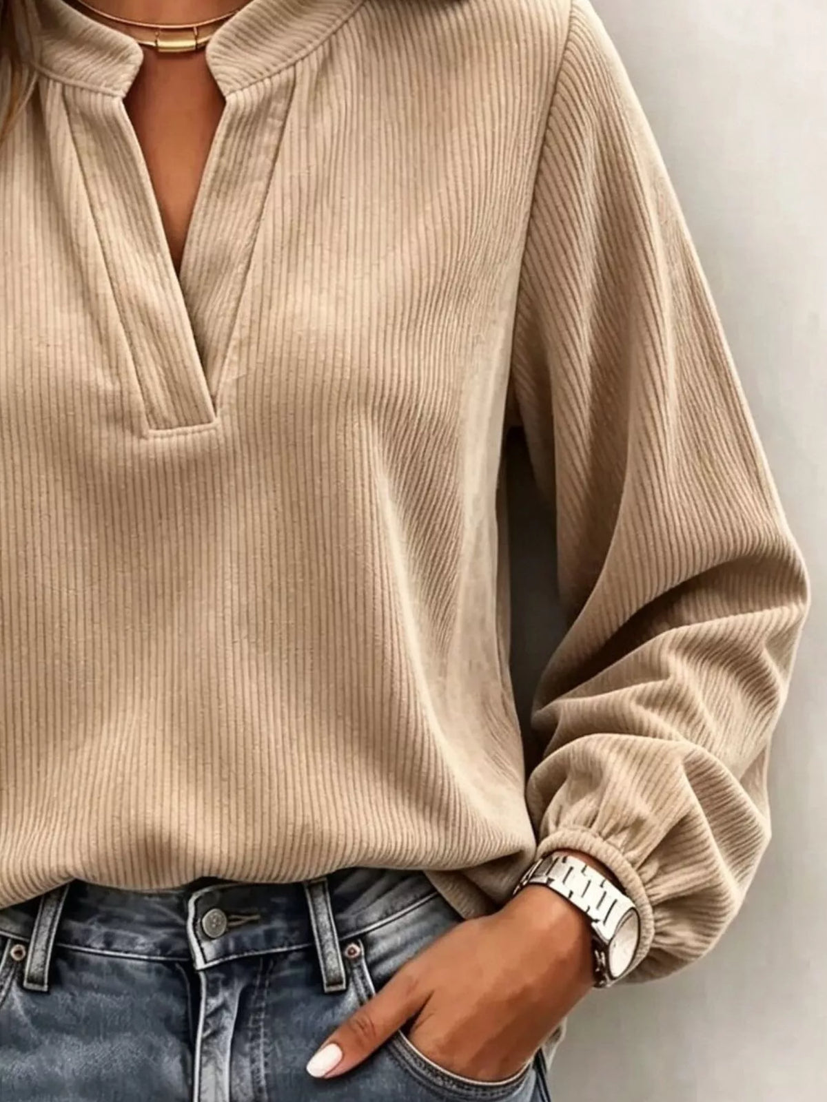 Corduroy-look notched long-sleeve top