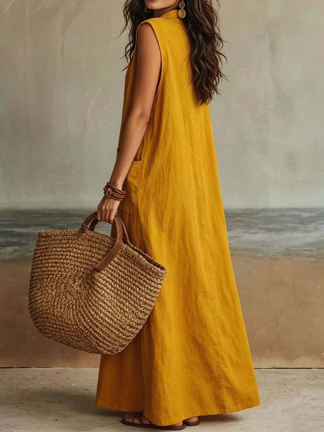 Trendsi Sleeveless Button-Down Linen Maxi Dress -