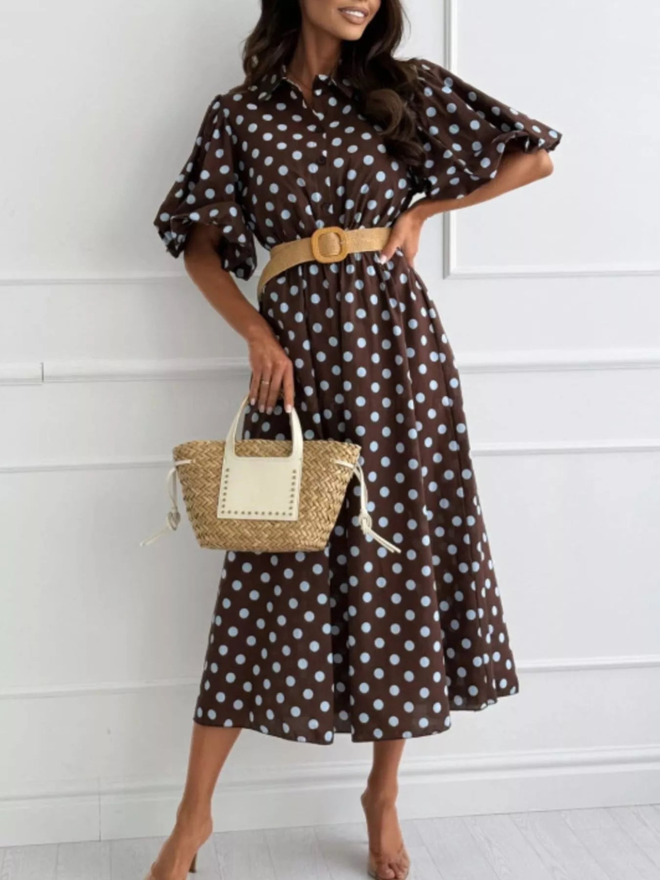 Trendsi Polka Dot Puff Sleeve Midi Dress -
