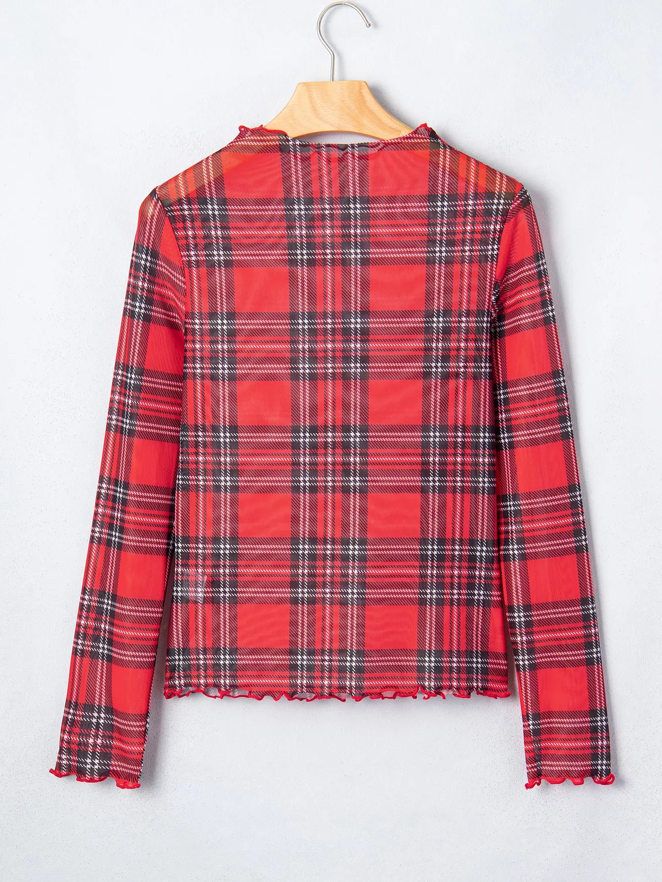 Trendsi Sheer Plaid Mock Neck Long Sleeve Blouse -