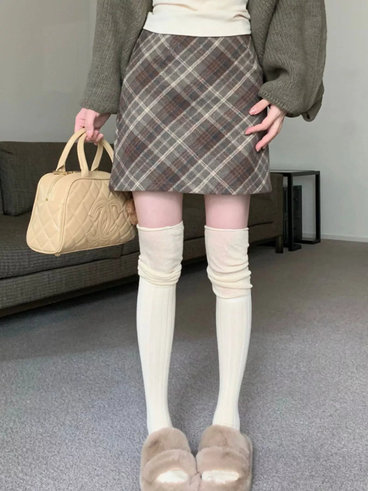 Coffee vintage plaid a-line mini skirt
