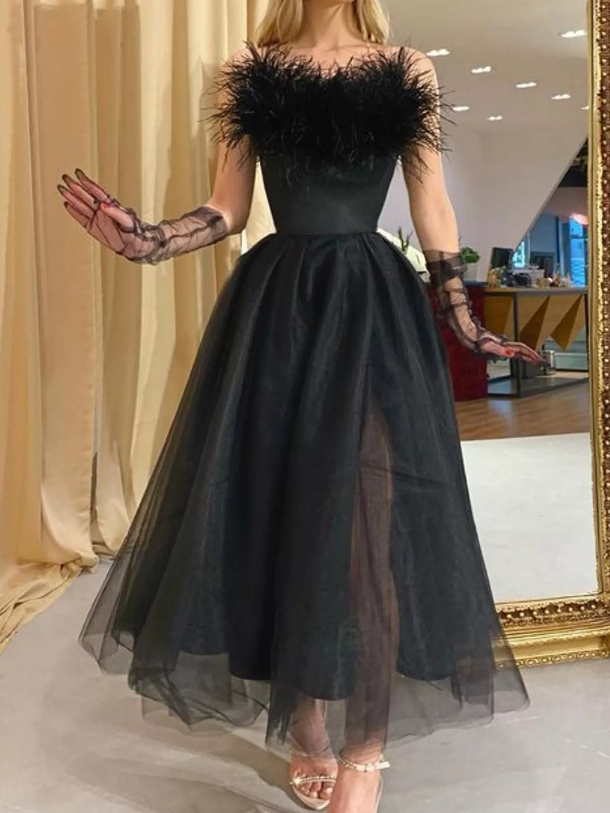 Black feather-trimmed tulle midi dress