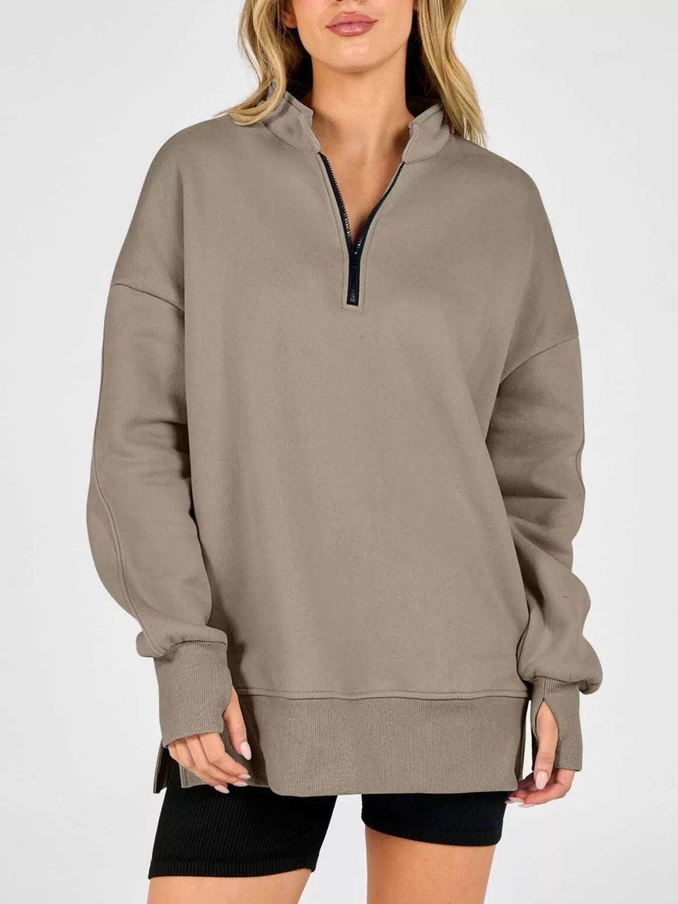 Trendsi Quarter-Zip Dropped Shoulder Sweatshirt -