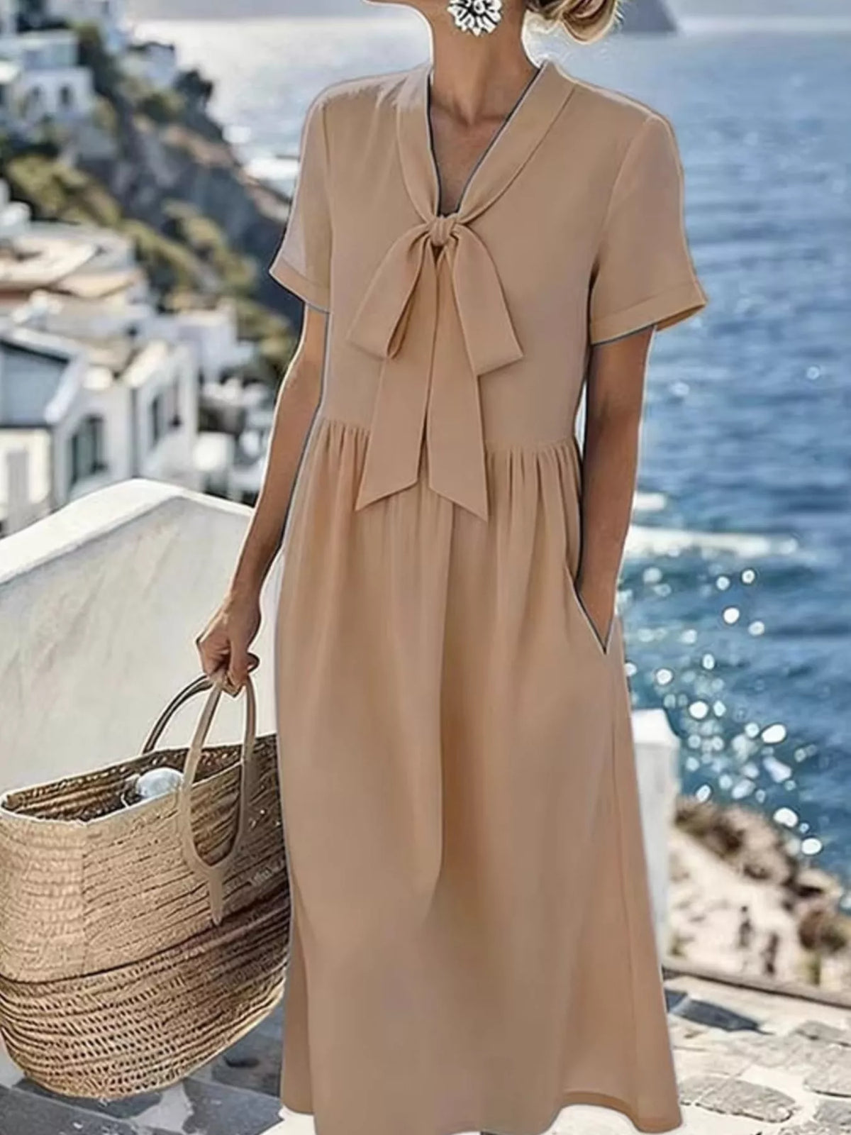 Women's Bow-Tie Short Sleeve Midi Dress in Camel, front view