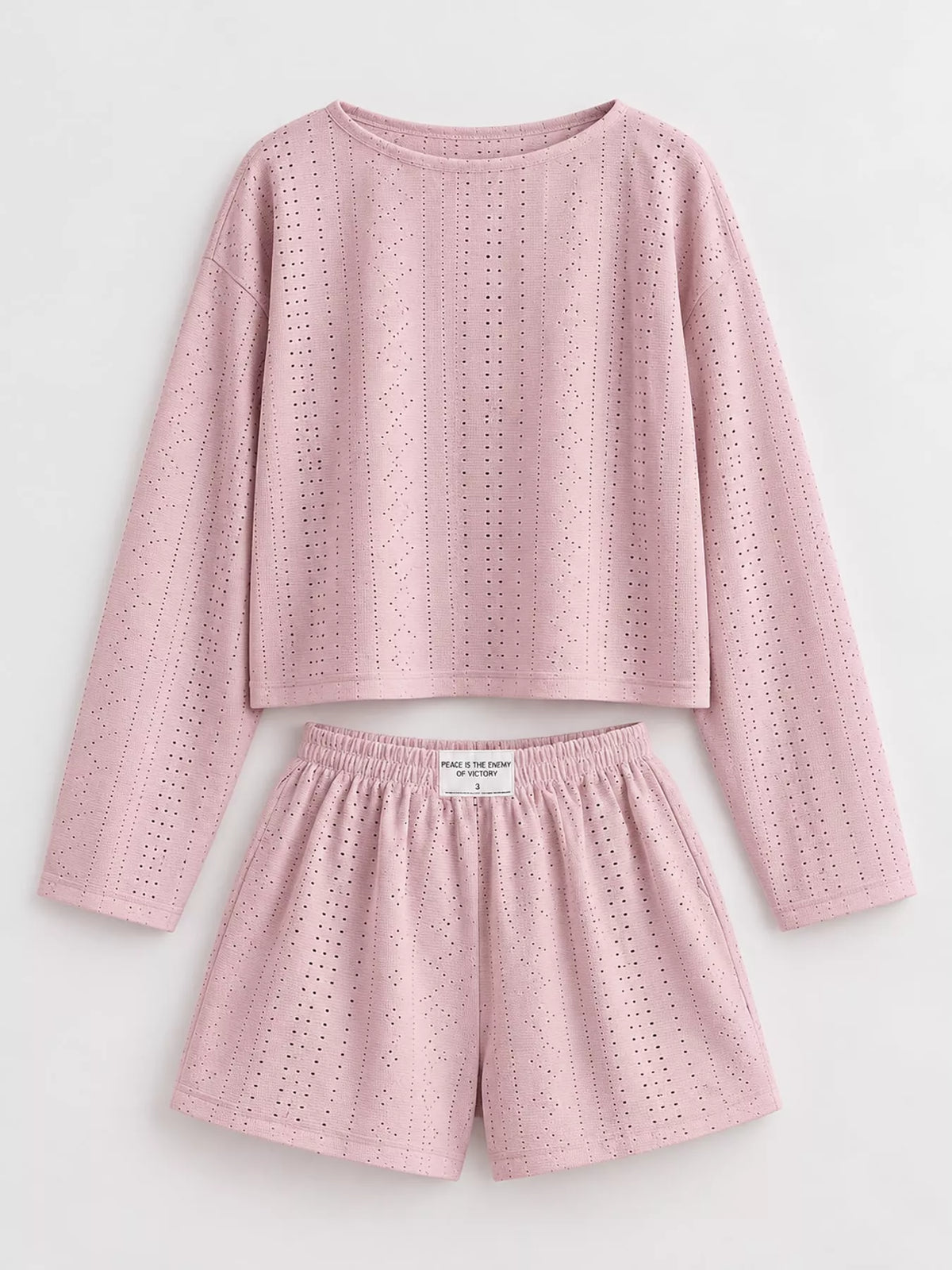 Eyelet Long Sleeve Top and Shorts Lounge Set in pink