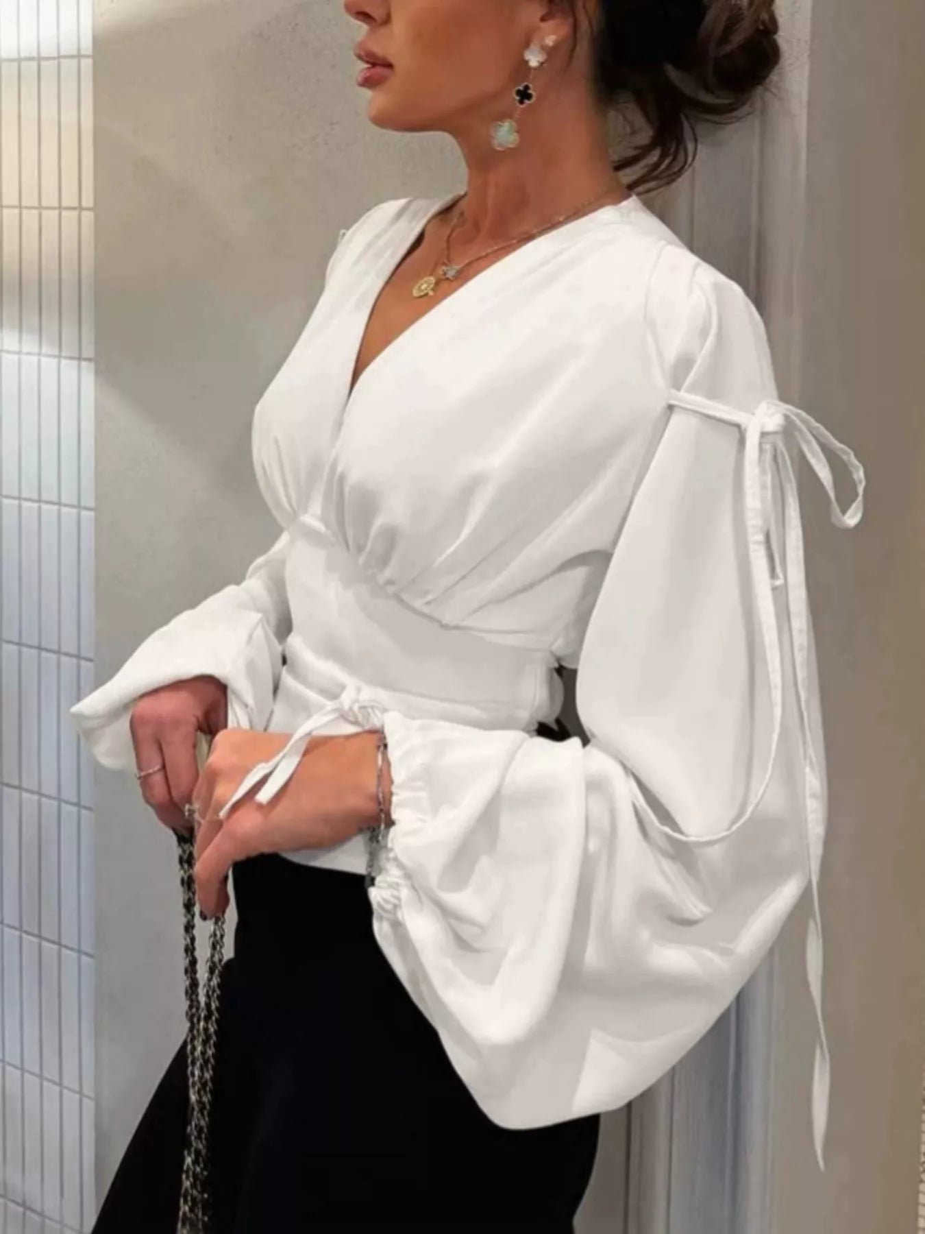 Trendsi Tied V-Neck Balloon Sleeve Blouse -