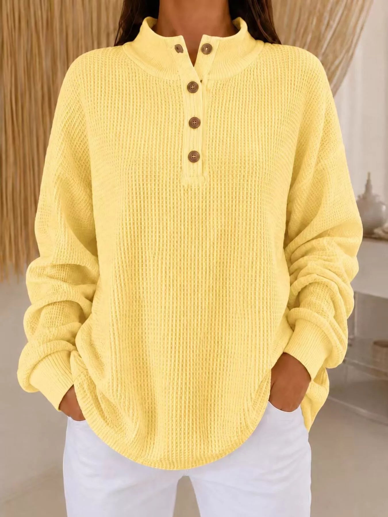 Trendsi Full Size Waffle Knit Button Detail Sweatshirt Plus Size -