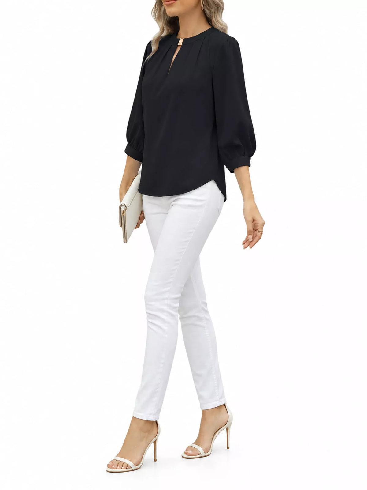V-Neck Metal Buckle Detail Blouse in black