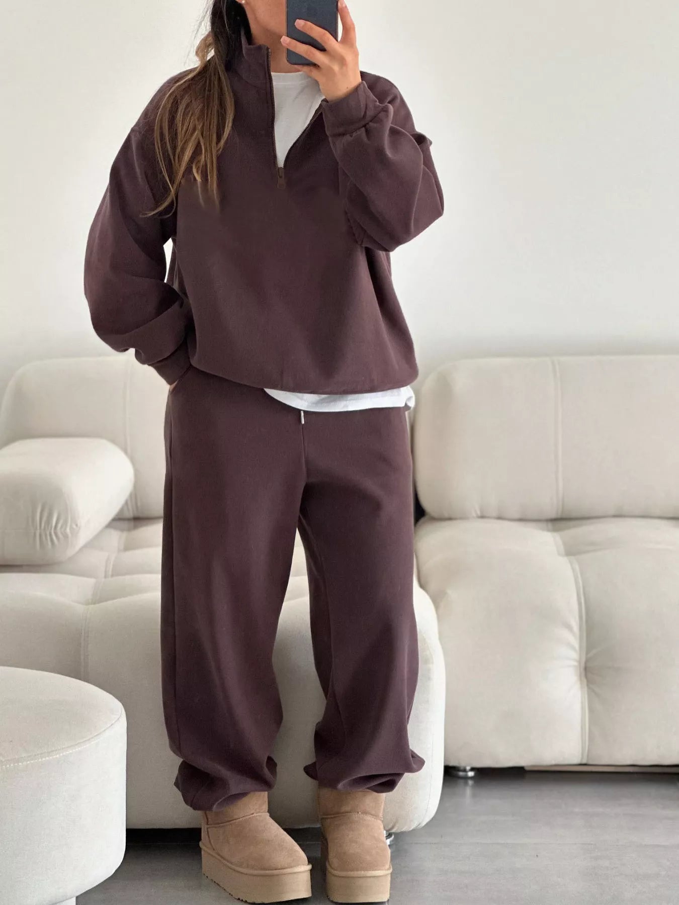 Trendsi Quarter-Zip Top and Wide-Leg Sweatpants Set -