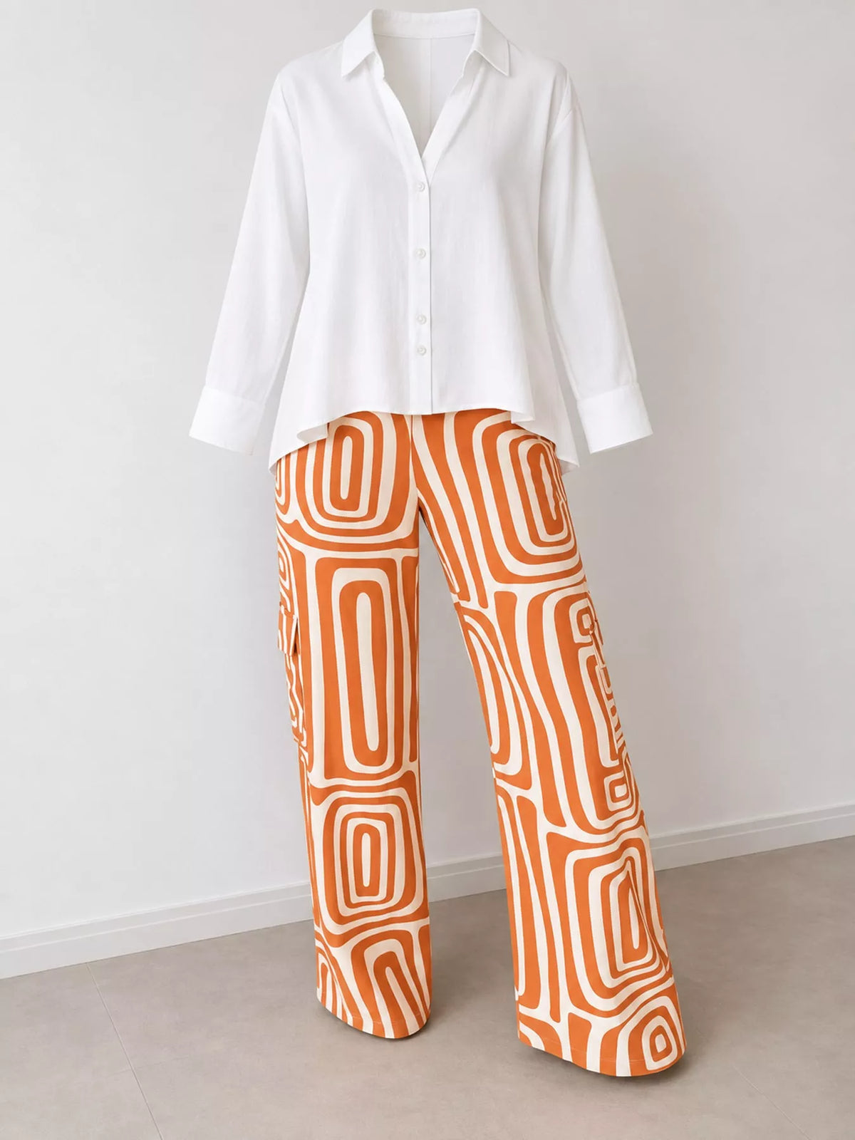 Shirt and geometric pants set, orange flat set