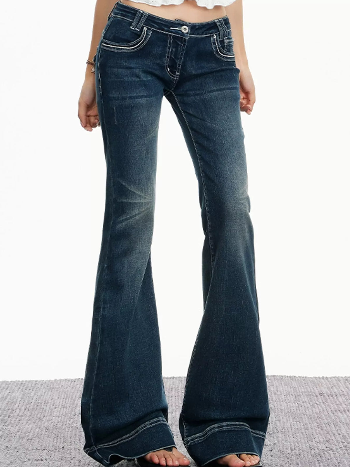 Vintage Blue low-rise contrast-stitch flared jeans