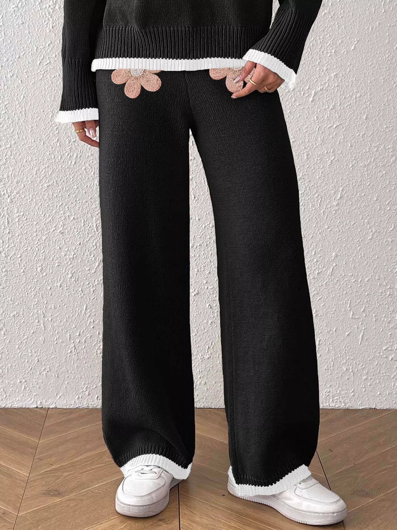 Trendsi Floral Applique High-Waisted Wide-Leg Sweater Pants -