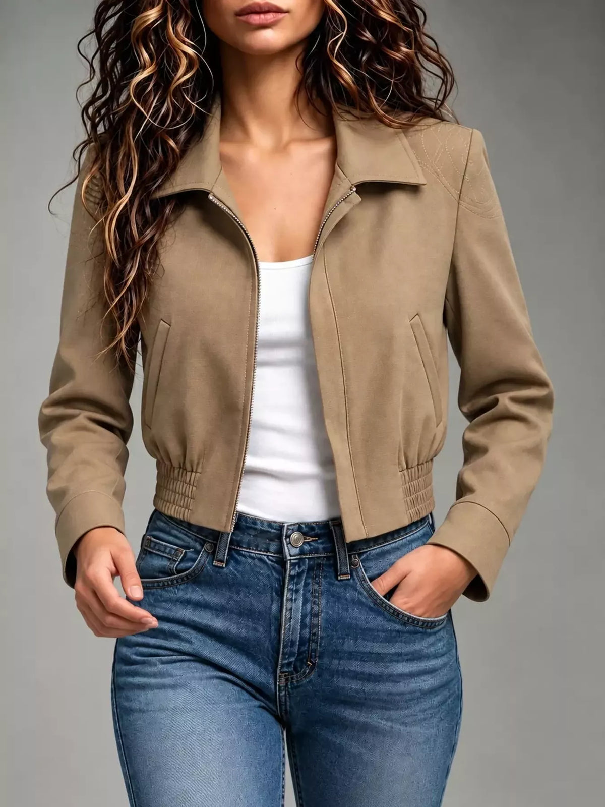 Women's Zip Up Elasticized Hem Cropped Jacket in taupe — front view