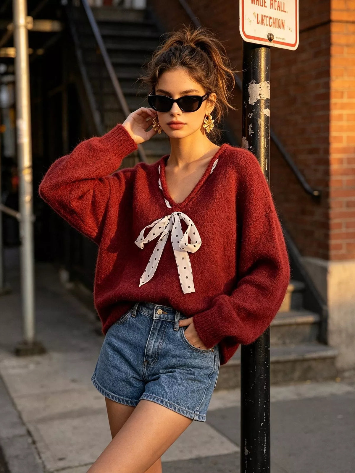 Burgundy v-neck knit top with polka dot ribbon tie, front with raised hand.