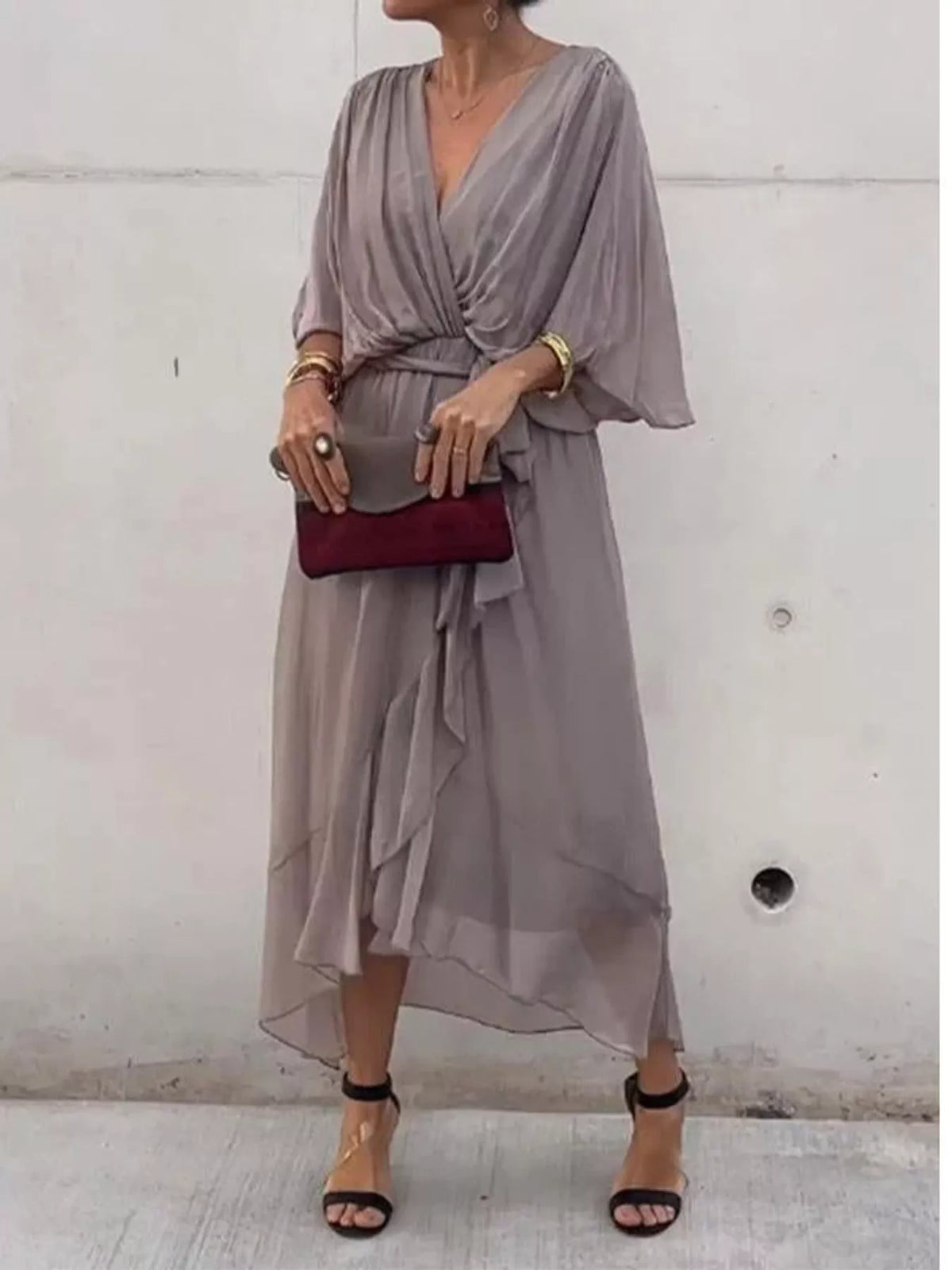 Gray batwing sleeve wrap dress with waist tie, front view