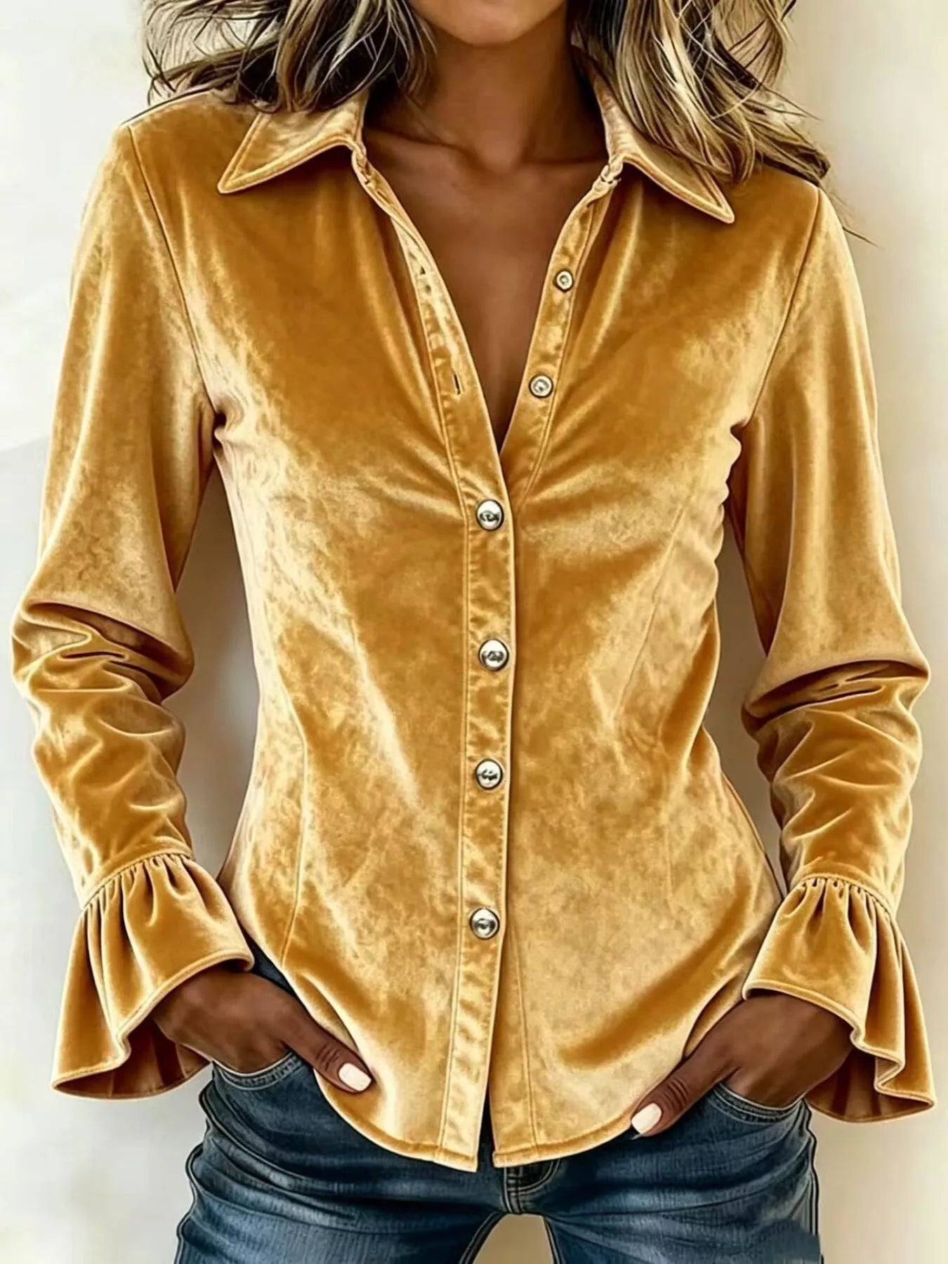 Trendsi Full Size Button Up Flounce Sleeve Shirt Plus Size -