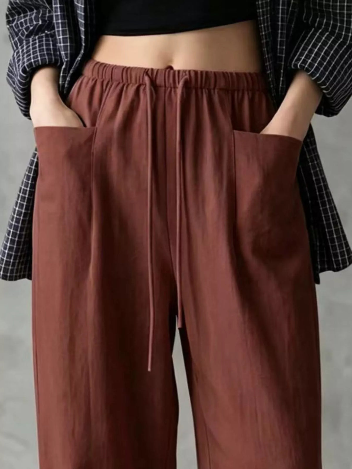 Women's Drawstring Wide-Leg Casual Pants in brown — waist detail view