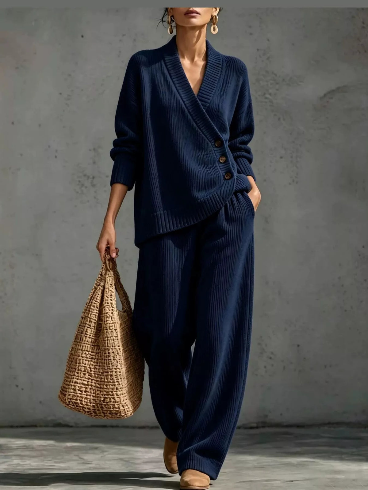 V-Neck Wrap Sweater and Wide-Leg Pants Set — front view