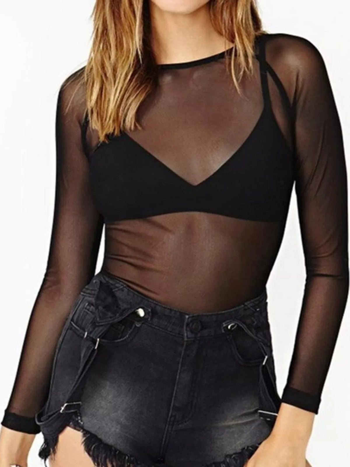 Black sheer mesh long sleeve top, front view